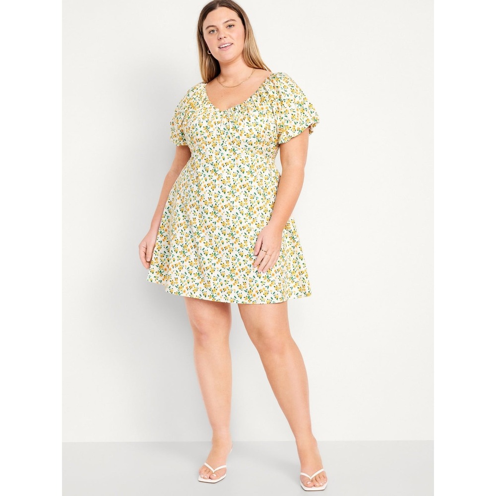 Old Navy Women Yellow Floral Babydoll Mini Dress Size 2X Puff Sleeve Smocked NWT